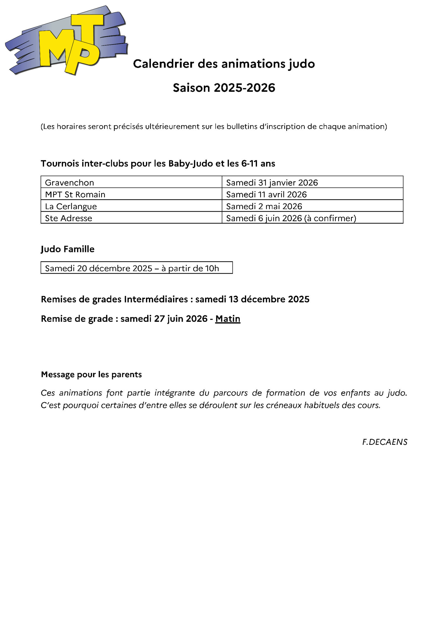 Programme Judo saison 2025 – 2026