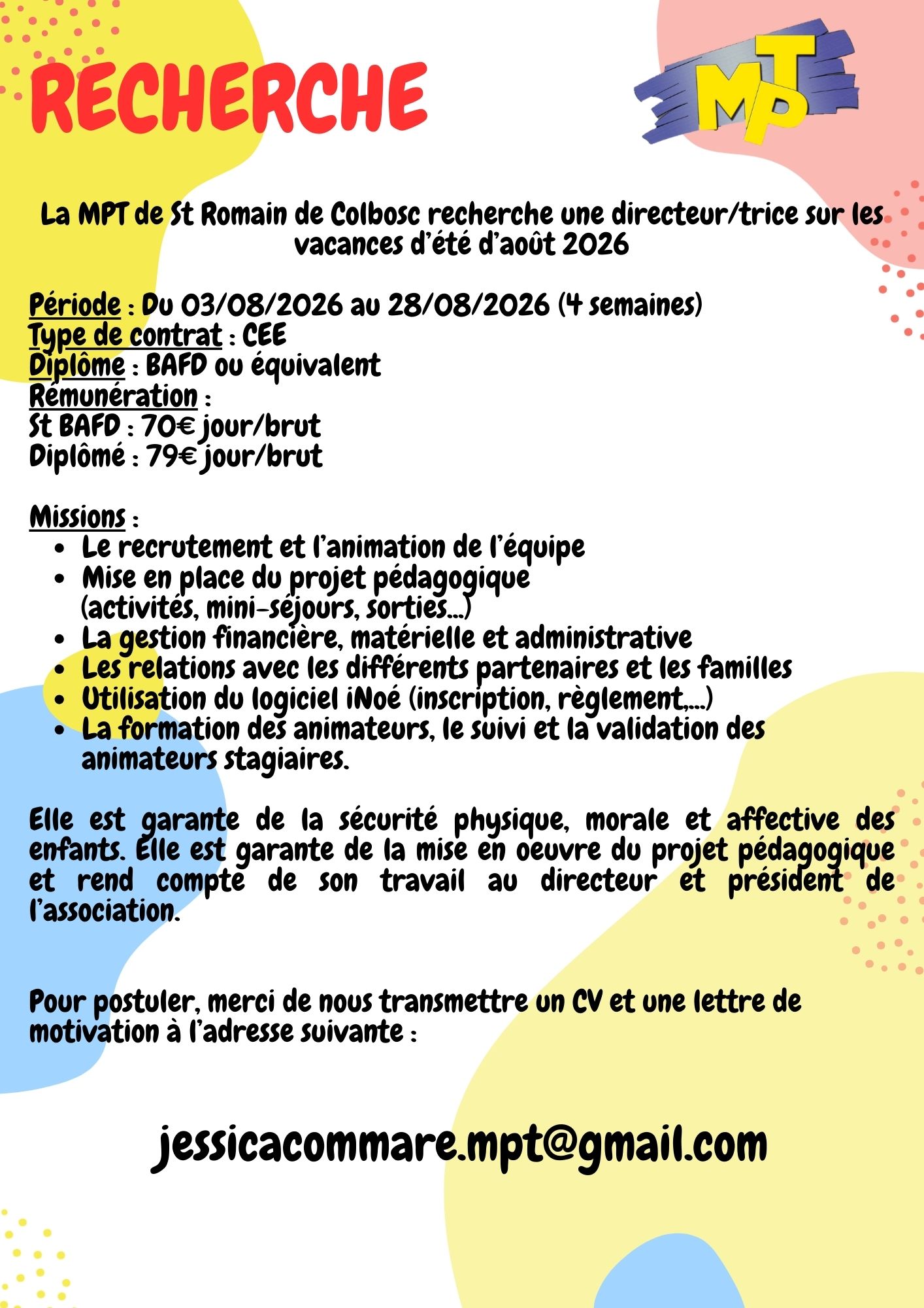Recherche d&rsquo;un Directeur / Directrice d&rsquo;un Accueil Collectif de Mineur (ACM)
